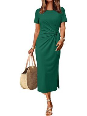 Women's Green Casual Short/Long Sleeve Crewneck T Shirt Maxi Dress Tie Waist